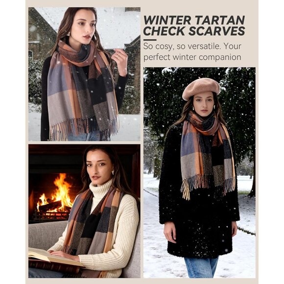 Women Brown Plaid Winter Warm Shawl Wraps Tartan Blanket Oversized Scarves - Picture 3 of 6